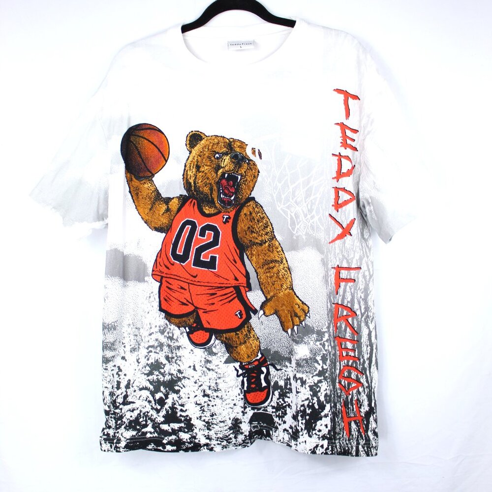 Teddy Fresh Men's White T Shirt Basketball Bear Wrap Around Print Graphic Size L